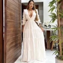 Vestido Feminino Longo Manga Longa Decote V Profundo Casamento Crepe Lançamento Luxo Festa Madrinha Princesa
