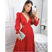 Vestido Feminino Longo Manga Longa Decote V Profundo Casamento Crepe Lançamento Luxo Festa Madrinha Princesa