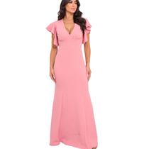 Vestido Feminino Longo Manga Sino Evase Decotado Festa