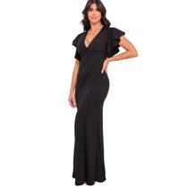 Vestido Feminino Longo Manga Sino Evase Decotado Festa