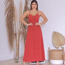 Vestido Feminino Longo / Midi de Alcinha com Botões com Bojo e Ferro Tendência Casual