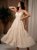 Vestido Feminino Longo Midi em Laise Bordada com Renda e Alças Finas Romântico A6002