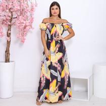Vestido Feminino Longo Ombro a Ombro Manga Curta Estampado Floral Silhueta Slim Premium