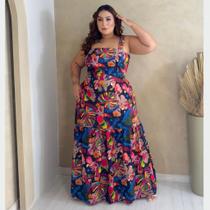 Vestido Feminino Longo Plus Size Alça Larga Saia Camada Fluida Elastex Caimento Perfeito 48a52