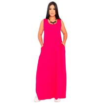 Vestido Feminino Longo Regata Com Bolso Plus Size Moda Despojada Mullet tendencia Fenda Lateral