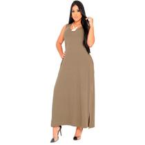 Vestido Feminino Longo Regata Com Bolso Plus Size Moda Despojada Mullet tendencia Fenda Lateral