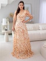 Vestido Feminino Longo Rodado em Tule Estampado Manga Princesa Moda Evangélica Cor:LaranjaTamanho:M