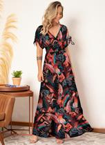 Vestido Feminino Longo Tropical Com Amarrações Decote V