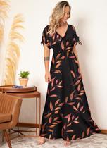 Vestido Feminino Longo Tropical Com Amarrações Decote V