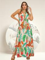 Vestido Feminino Longo Tropical Com Fenda Corte Halterneck