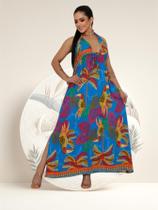 Vestido Feminino Longo Tropical Com Fenda Corte Halterneck