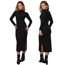Vestido Feminino Manga Comprida Canelado Fenda Lateral