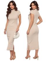 Vestido Feminino Manga Curta Canelado Fenda Lateral Vestido Feminino Manga Curta Canelado Fenda Lateral