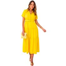 Vestido feminino manga curta midi com cinto e saia evase em crepe elegante com forro