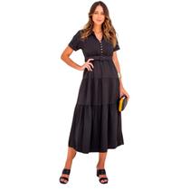 Vestido feminino manga curta midi com cinto e saia evase em crepe elegante com forro