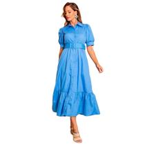 Vestido feminino manga curta midi com cinto e saia evase em crepe elegante com forro