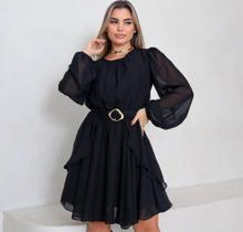 Vestido Feminino manga longa Rodado com cinto Faixa Tecido Chiffron Liso Vestido Feminino manga longa Rodado com cinto Faixa Tecido Chiffron Liso