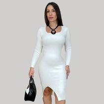 Vestido feminino manga longa tubinho tricot modal fenda