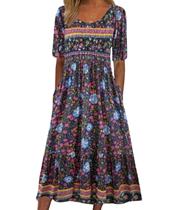 Vestido feminino Medlor Boho 2025, manga curta, estampa floral Vestido feminino Medlor Boho 2025, manga curta, estampa floral