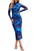 Vestido Feminino MEROKEETY 2024 - Manga Comprida Tie Dye Bodycon Azul - Tamanho L