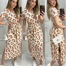 Vestido Feminino Midi Animal Print Amarração na Cintura Fenda Lateral Tendência Primavera Verão