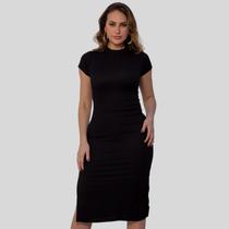 Vestido Feminino Midi Canelado Casual Básico Modelador Com Manga Curta Vestido Feminino Midi Canelado Casual Básico Modelador Com Manga Curta
