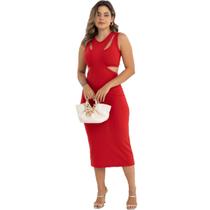 Vestido Feminino Midi Canelado Top Fixo C/Fenda Moda Primavera Verão para o Natal Slim Fit Justinho Perfeito 31524A