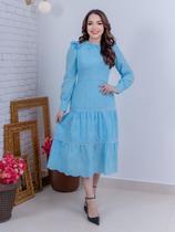 Vestido Feminino Mídi com Gola Colarinho Mangas Longa Cintura Modelada Detalhes em Guipir Festa Madrinha Social Forrado