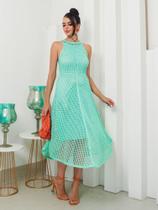 Vestido Feminino midi de bico rendado tricô crochê forrado linha premium festa casuais verão