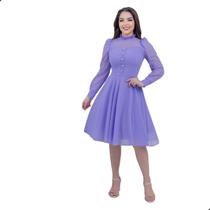 Vestido Feminino Midi de Festa Social Rodado Mangas Longa Acinturado Moda Evangelica Gola Redonda Botões na Parte da Fr