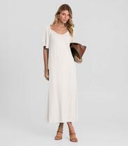 Vestido Feminino Midi Em Viscose Com Manga Curta Dianna Bege