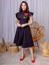 Vestido Feminino Midi Godê Mangas Curta Gola Redonda Botões Funcionais Modelado Moda Evangélica