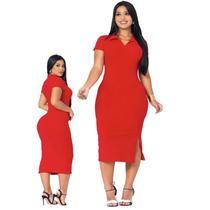 Vestido Feminino Midi Gola Polo Fenda Lateral Vestido Longo Colado Midi Polo Preto e vermelho
