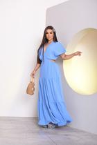 Vestido Feminino Midi Longo Decotão Azul Céu Elegante Verão