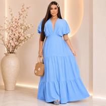 Vestido Feminino Midi Longo Decotão Azul Céu Elegante Verão