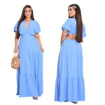 Vestido Feminino Midi Longo Decotão Azul Céu Elegante Verão