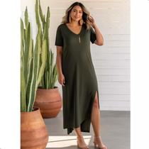 Vestido Feminino Midi Longo Verão com Fenda e Bolsos