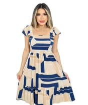 Vestido Feminino Midi manga Curta Decote Quadrado Elástico Cintura Decote e Costas Malha Viscolycra