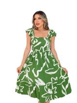 Vestido Feminino Midi manga Curta Decote Quadrado Elástico Cintura Decote e Costas Malha Viscolycra