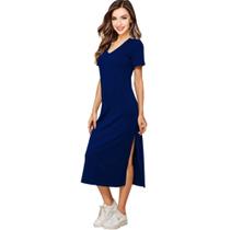 Vestido Feminino Midi Manga Curta Gola V em 100 Algodão Tribo Livre