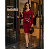 Vestido Feminino Midi Manga Longa Tubinho Justo Moda Evangélica Elegante Cor:Vermelho SangueTamanho:G(42)