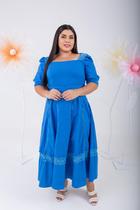Vestido Feminino Midi Manga Princesa 3/4 Decote Reto Deliciado Acinturado Com Detalhes Em Guipir