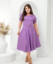 Vestido Feminino Mídi Manga Princesa Plissada com Cinto e Detalhe flor