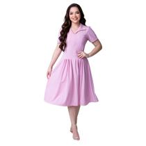 Vestido Feminino Midi Rodadinho Manga Curta Gola Polo V Acinturado Casual Confortável