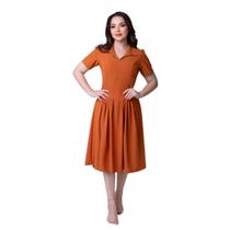 Vestido Feminino Midi Rodadinho Manga Curta Gola Polo V Acinturado Casual Confortável
