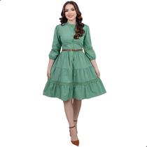 Vestido Feminino Mídi Soltinho Godê com Mangas Botões Funcionais Frontal Gola Baixa