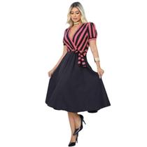 Vestido Feminino Moda Evangélica Midi Casual Listrado Preto