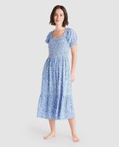 Vestido Feminino Ninho de Abelha Floral Macio Azul Lohe Vestido Feminino Ninho de Abelha Floral Macio Azul Lohe