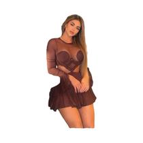 Vestido Feminino O-Neck De Manga Comprida Com Patchwork Em Tule, Design Vazado Com Babados, Sem