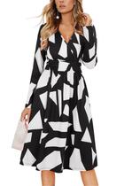 Vestido feminino OUGES, de outono, manga comprida, decote em V, floral com bolsos Vestido feminino OUGES, de outono, manga comprida, decote em V, floral com bolsos